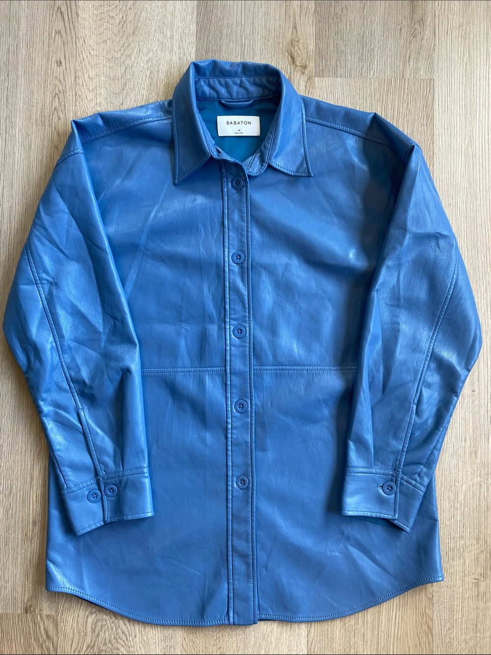 Aritzia Babaton Blue Vegan Leather Button Up Shirt Jacket Medium - Picture 2 of 14